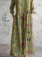 Women's Elegant Floral Pattern Round Neck Cotton and Linen Top