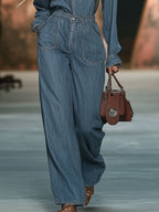 Women's Retro Botton Down Long-Sleeved Wide-Leg Denim Jumpsuit