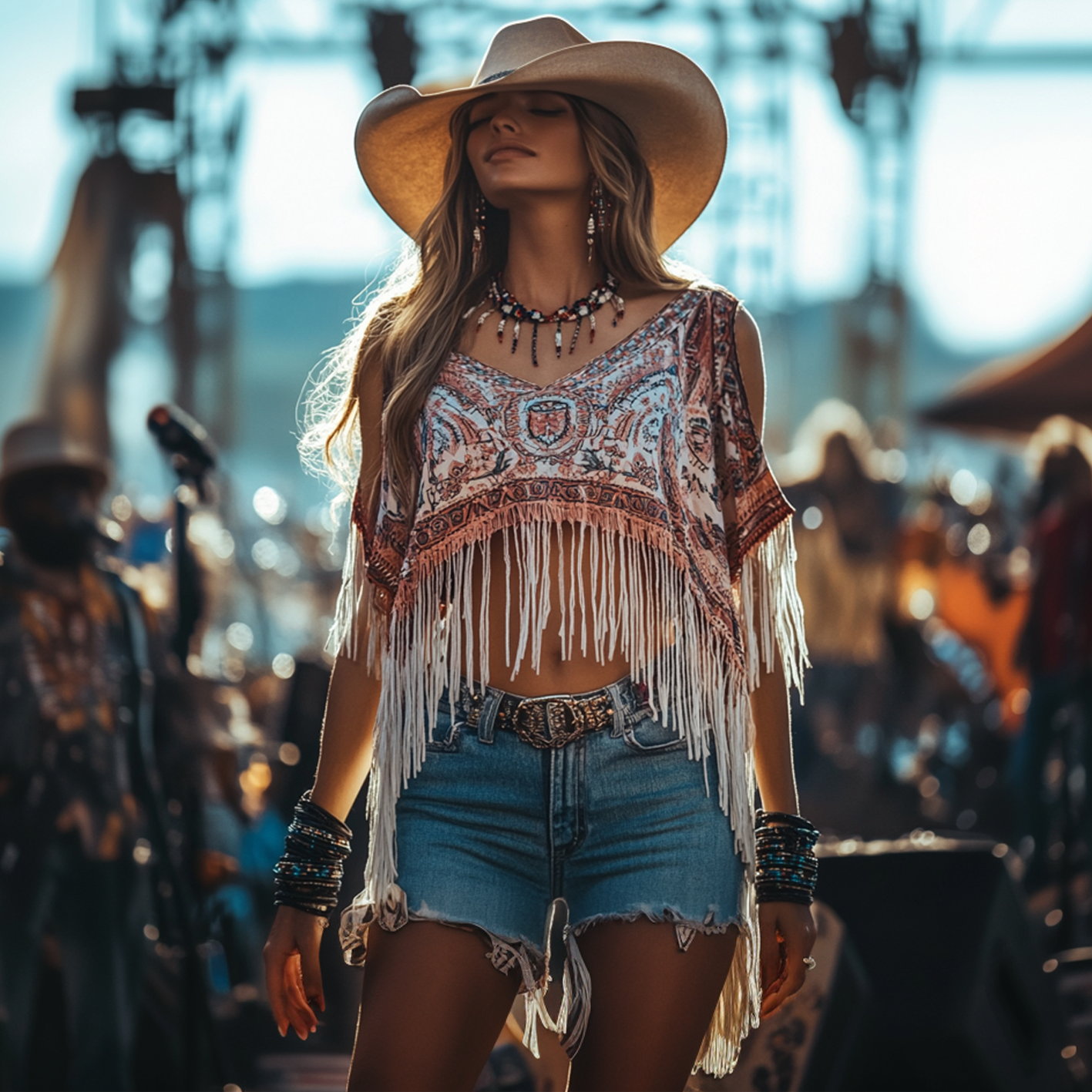 Women's Boho Fringe Top And Denim Shorts Ensemble