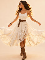 Perfect for Country Ranch Vacations — Cream White Asymmetric Lace Ruffle High-Low Dress