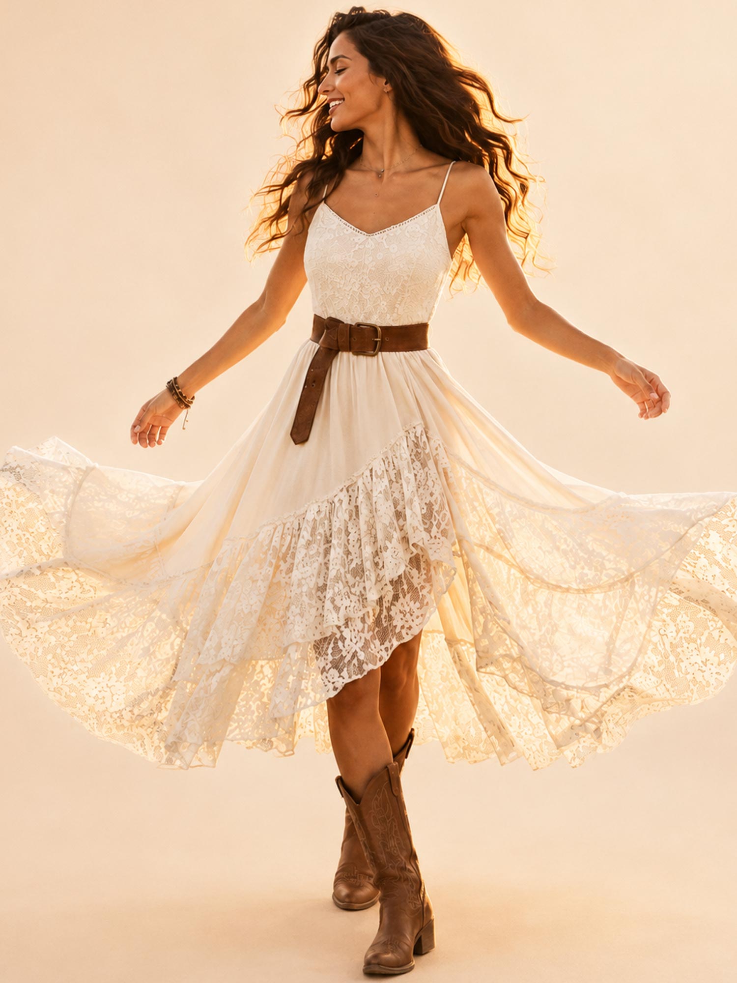 Perfect for Country Ranch Vacations — Cream White Asymmetric Lace Ruffle High-Low Dress