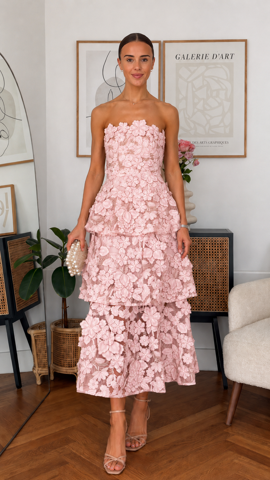 Strapless Tiered Floral Lace Maxi Dress - Sweetheart Neckline Formal Gown