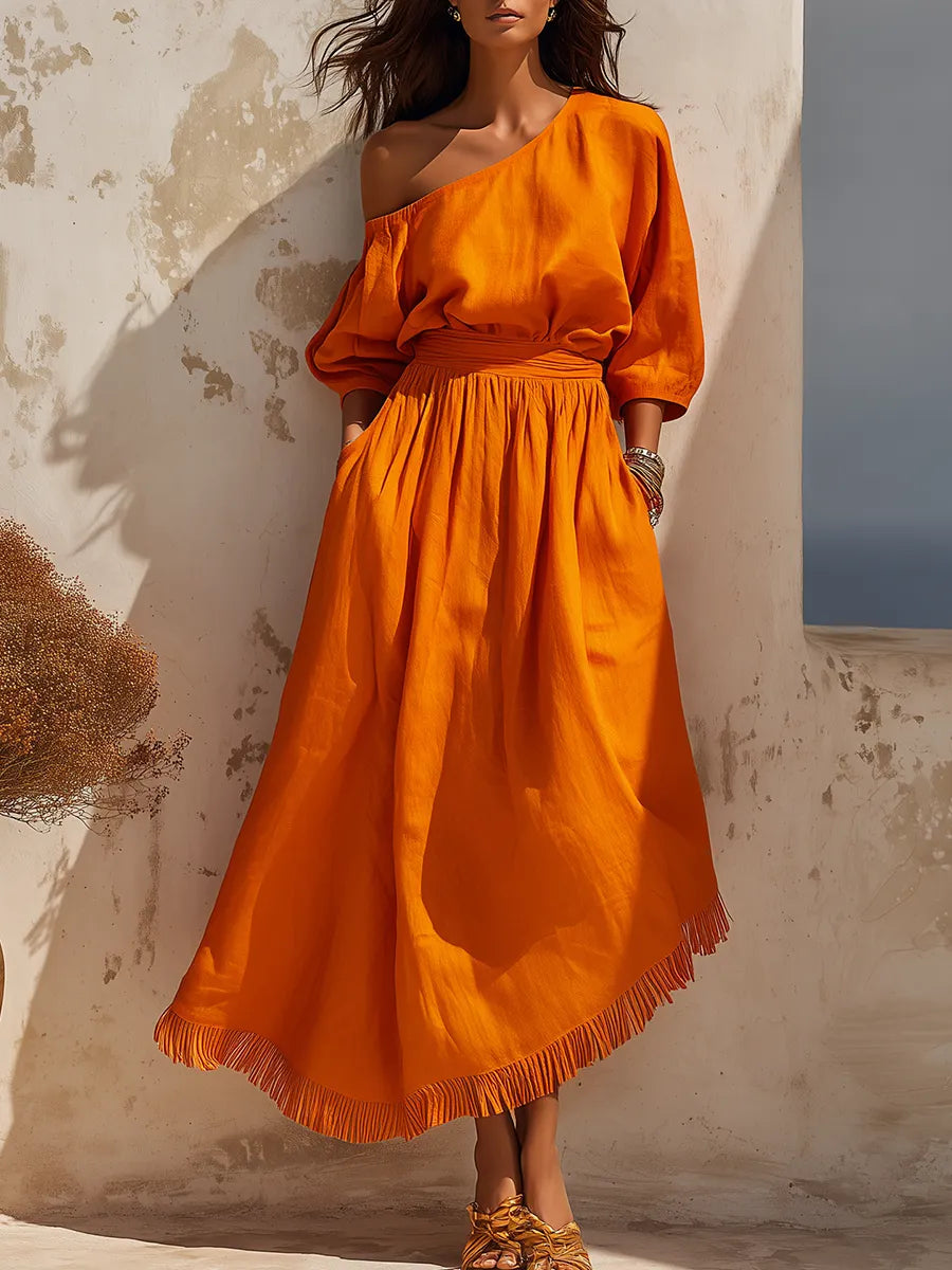 Elegant Vacation-style One-shoulder Cotton And Linen Maxi Dress
