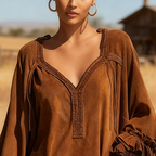 Women's Autumn/Winter Suede V-neck Pocket Decoration Ruffle Design Loose Western Retro Style Dress