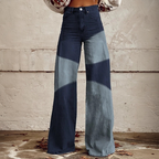 Women's Retro Western Country Style Patchwork Printed Faux Denim Wide Leg Pants