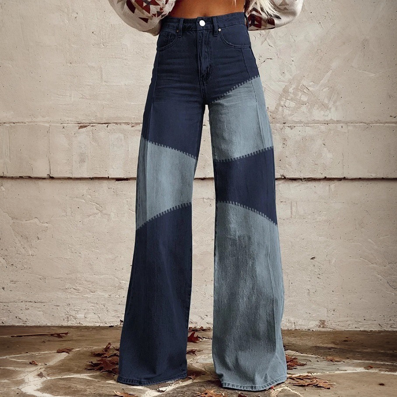 Women's Retro Western Country Style Patchwork Printed Faux Denim Wide Leg Pants