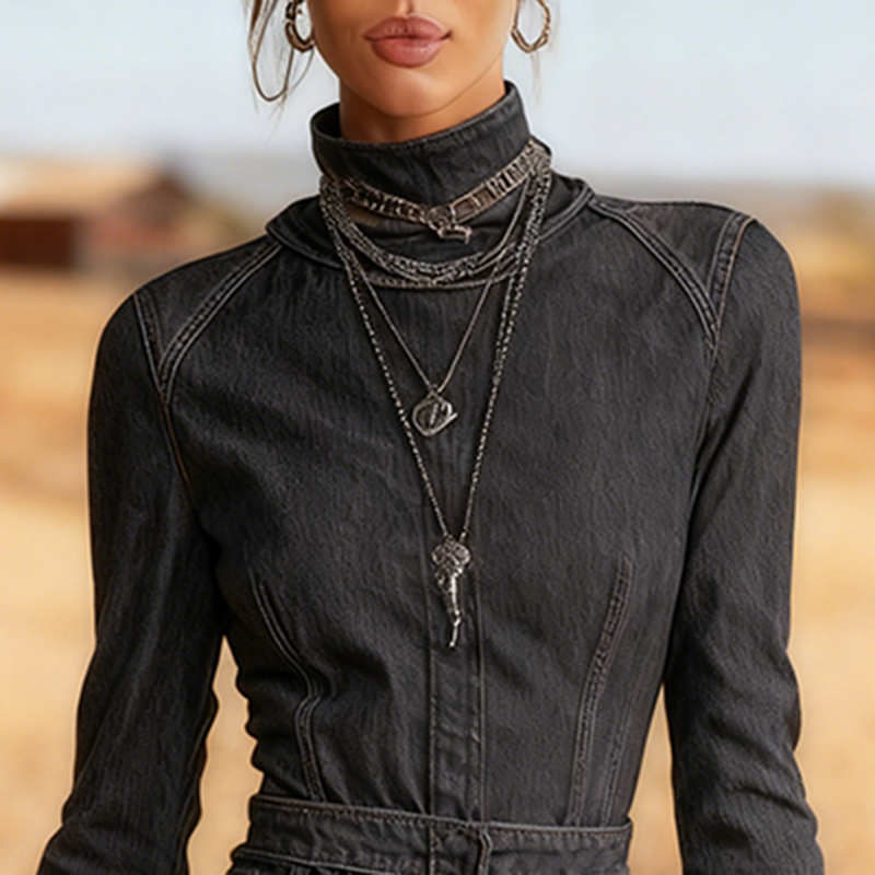 Women's Denim Western Retro Stand Collar Flared Sleeve Slim Fit Denim Dress