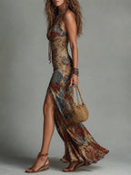 Retro Ethnic-Print Sleeveless Slit Hem Maxi Dress