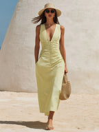 Minimal Resort Pale Yellow Linen Deep V Ruched Midi Dress
