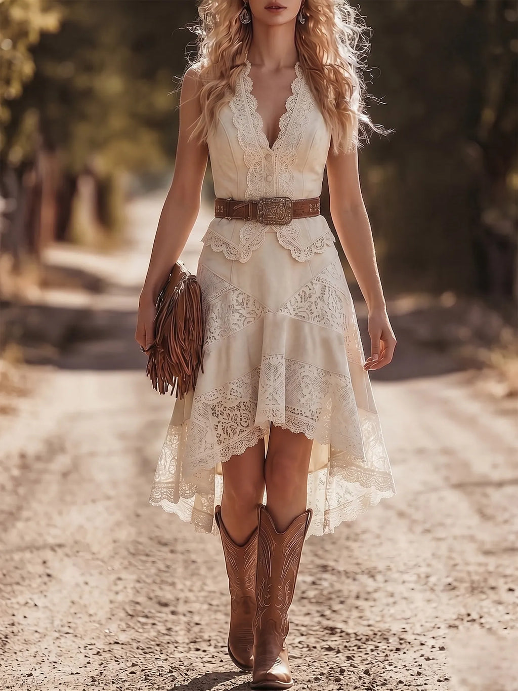 Western Dress — Cream Two-Piece Look Lace Patchwork Midi Dress