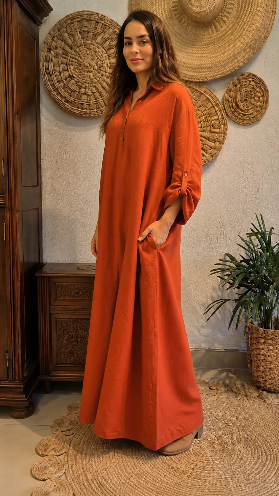 Boho Linen Blend Maxi Dress - Oversized Flowy Kaftan Style with Pockets & Button Detail