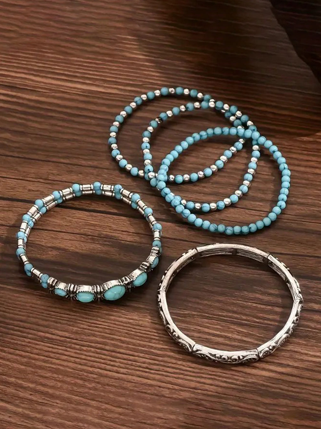 Ideal For Music Festivals — Vintage Silver & Turquoise Multi-Layer Beaded Stack & Heavy Sculpted Metal Detailing Premium Lightweight Alloy Boho Chic Bracelet Set