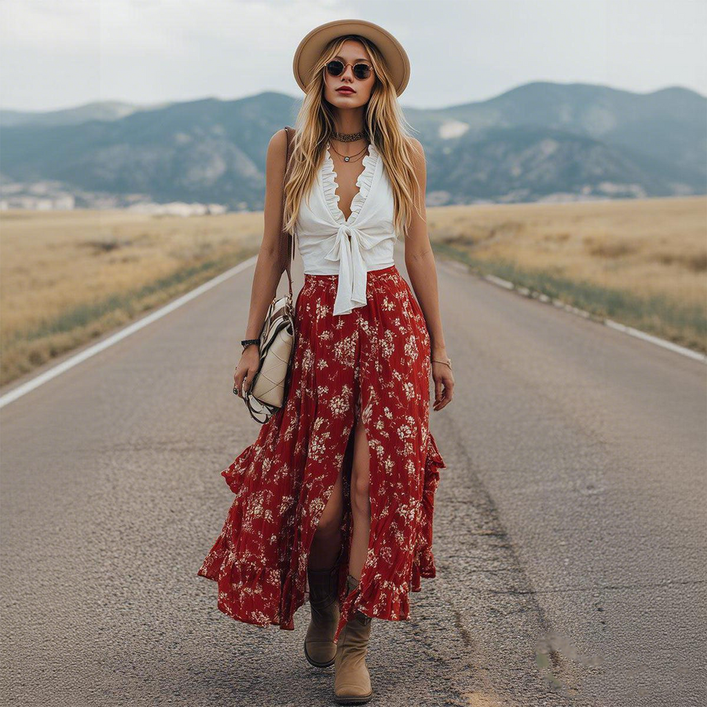 Chiffon Floral Print Maxi Skirt With High Slit And Ruffle Hem For Women