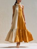Linen Halter Ruffled Midi Swing Dress – Color Block Vacation Maxi Sundress