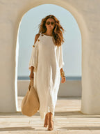 Old Money Style Off-Shoulder Three-quarter Sleeve Off-White Cotton-Linen Maxi Dress