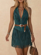 Desert Music Festival Vibe — Teal V-Neck Tiered Fringe Premium Suede Western Dress (2026 Spring Summer)—Mini Dress