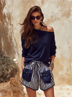 High-quality Casual One-shoulder Long-sleeved T-shirt And Striped Shorts Set