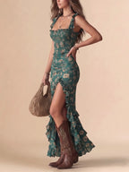 Western Dress — Boho Ruffle Strap Floral Maxi Dress