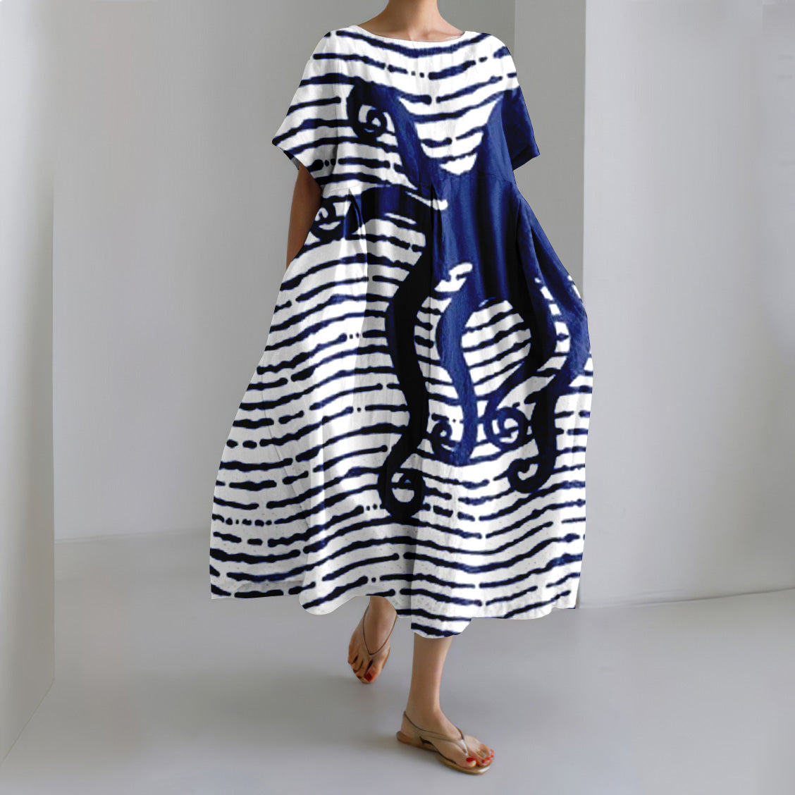 Japanese Stripe Octopus Art Linen Blend Casual Dress
