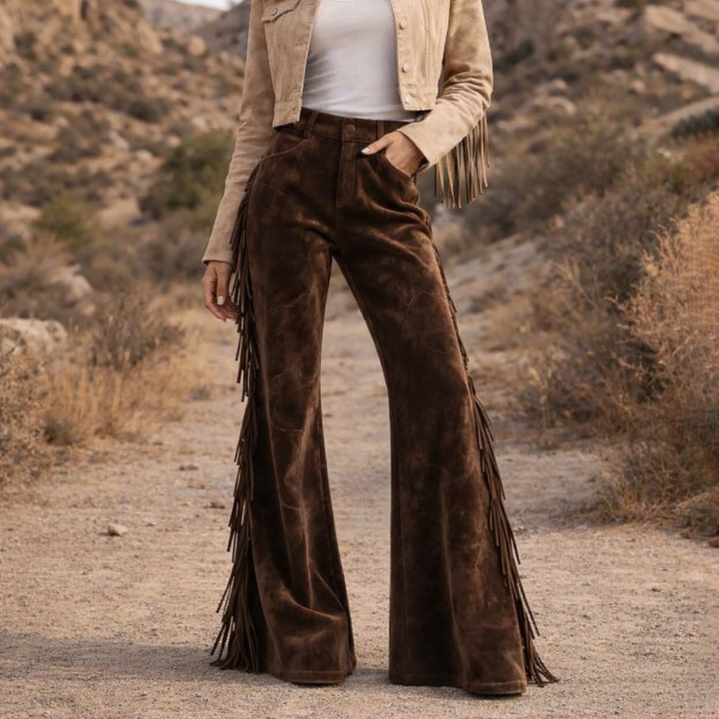 Vintage Western Women's Suede Tassel Flared Wide-Leg Pants