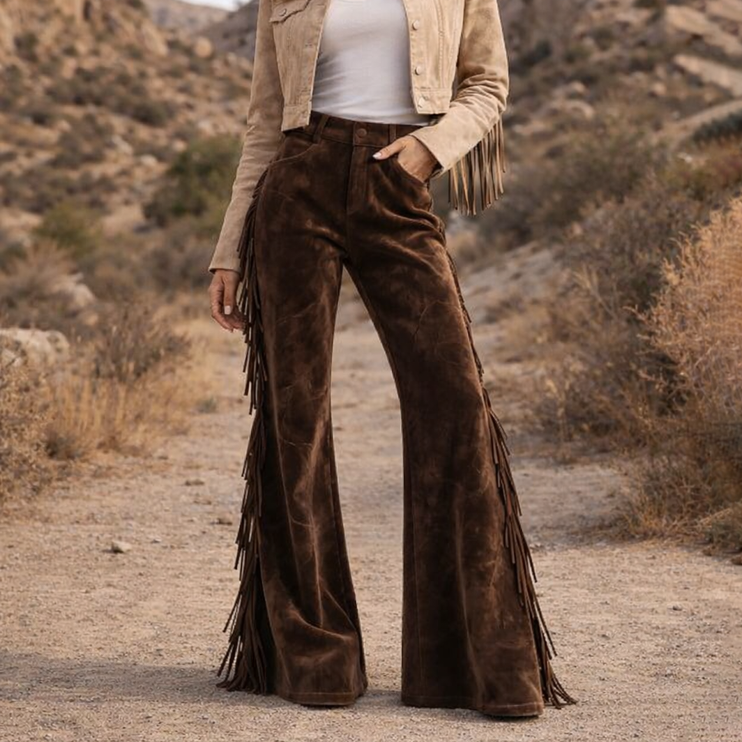 Vintage Western Women's Suede Tassel Flared Wide-Leg Pants
