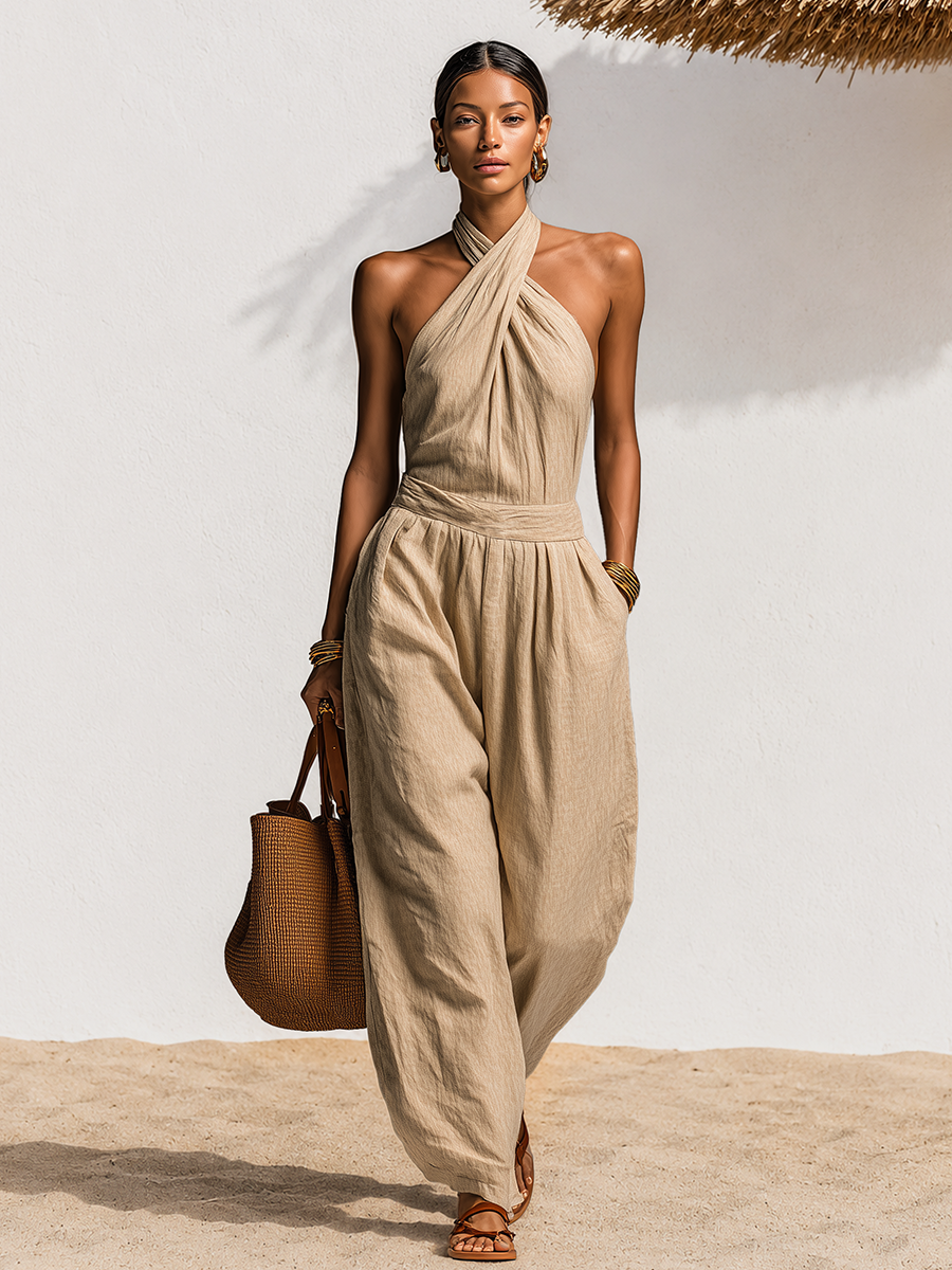 Minimalist Retro Solid Color Halter Jumpsuit