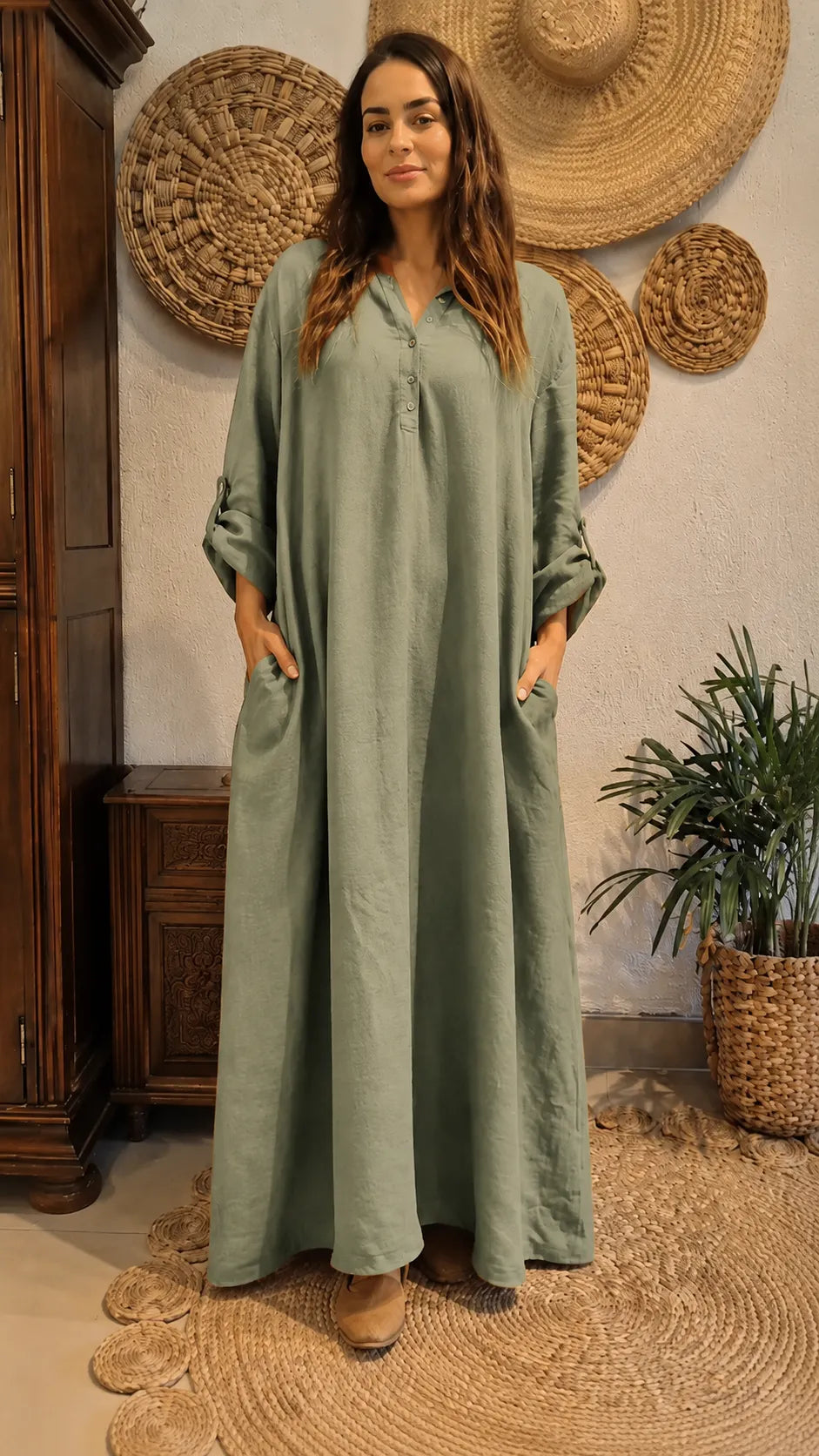 Boho Linen Blend Maxi Dress - Oversized Flowy Kaftan Style with Pockets & Button Detail