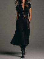 Black Belted Button-Front Knit Dress