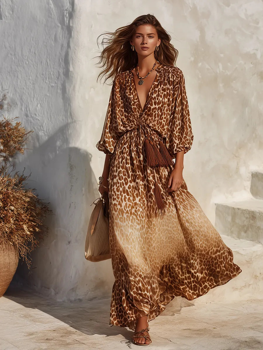 Retro V-neck Leopard Print Maxi Dress