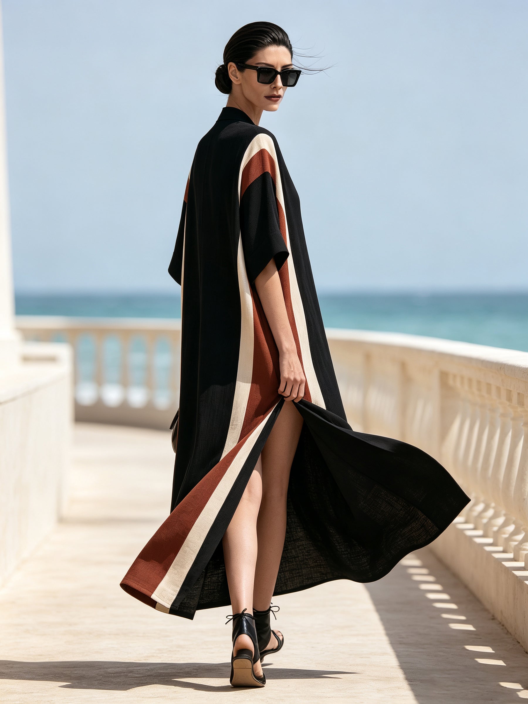 Women’s Contrast Color Maxi Dress – Elegant Loose Fit V-Neck Long Dress