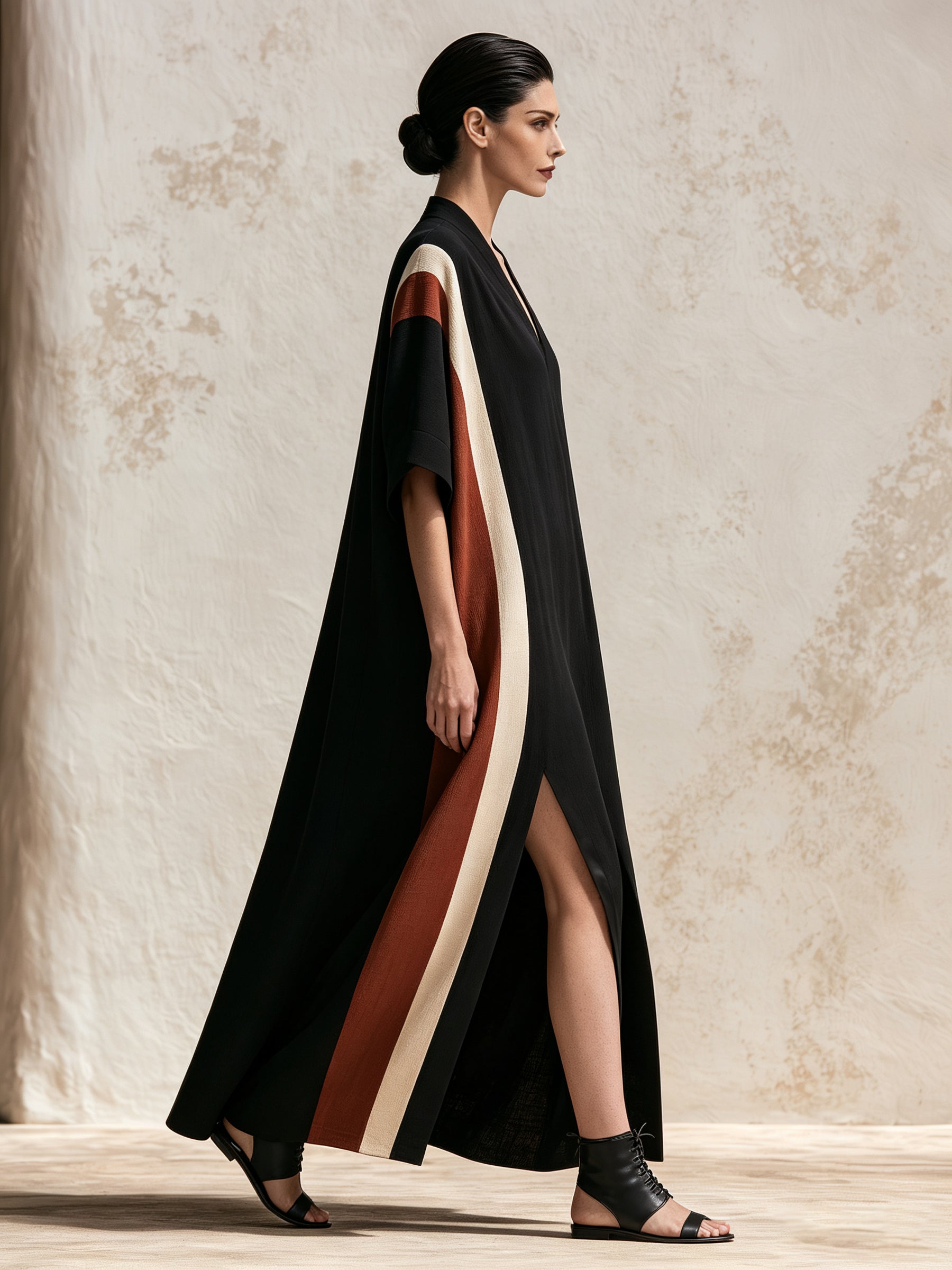 Women’s Contrast Color Maxi Dress – Elegant Loose Fit V-Neck Long Dress