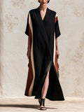 Women’s Contrast Color Maxi Dress – Elegant Loose Fit V-Neck Long Dress