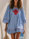 Bohemian Red-embroidered Square Neckline Blue And White Striped Mini Dress