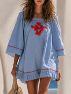 Bohemian Red-embroidered Square Neckline Blue And White Striped Mini Dress