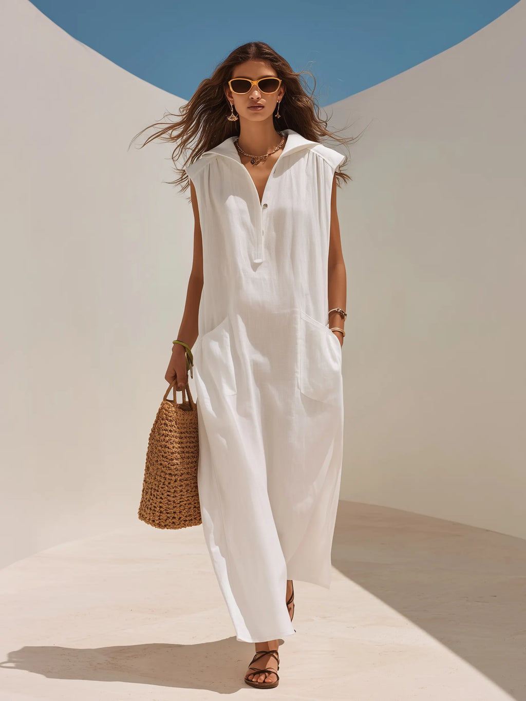 Minimal Resort White Linen Sleeveless Lapel Half Button Maxi Shirt Dress