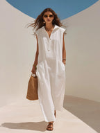 Minimal Resort White Linen Sleeveless Lapel Half Button Maxi Shirt Dress