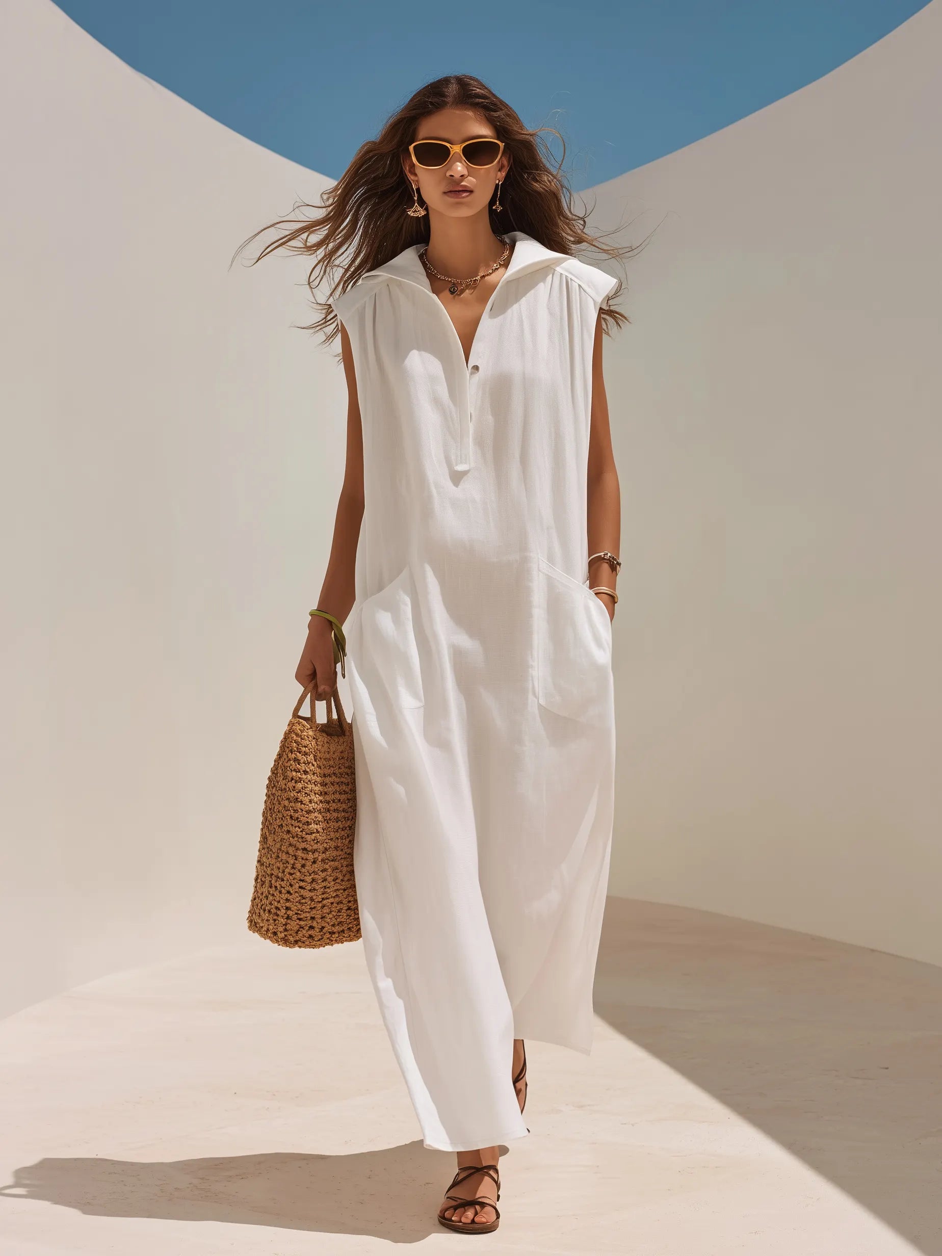 Minimal Resort White Linen Sleeveless Lapel Half Button Maxi Shirt Dress
