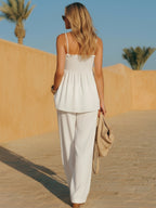 Bohemian Vacation White Cotton Linen Ruffled Suspender Trouser Set