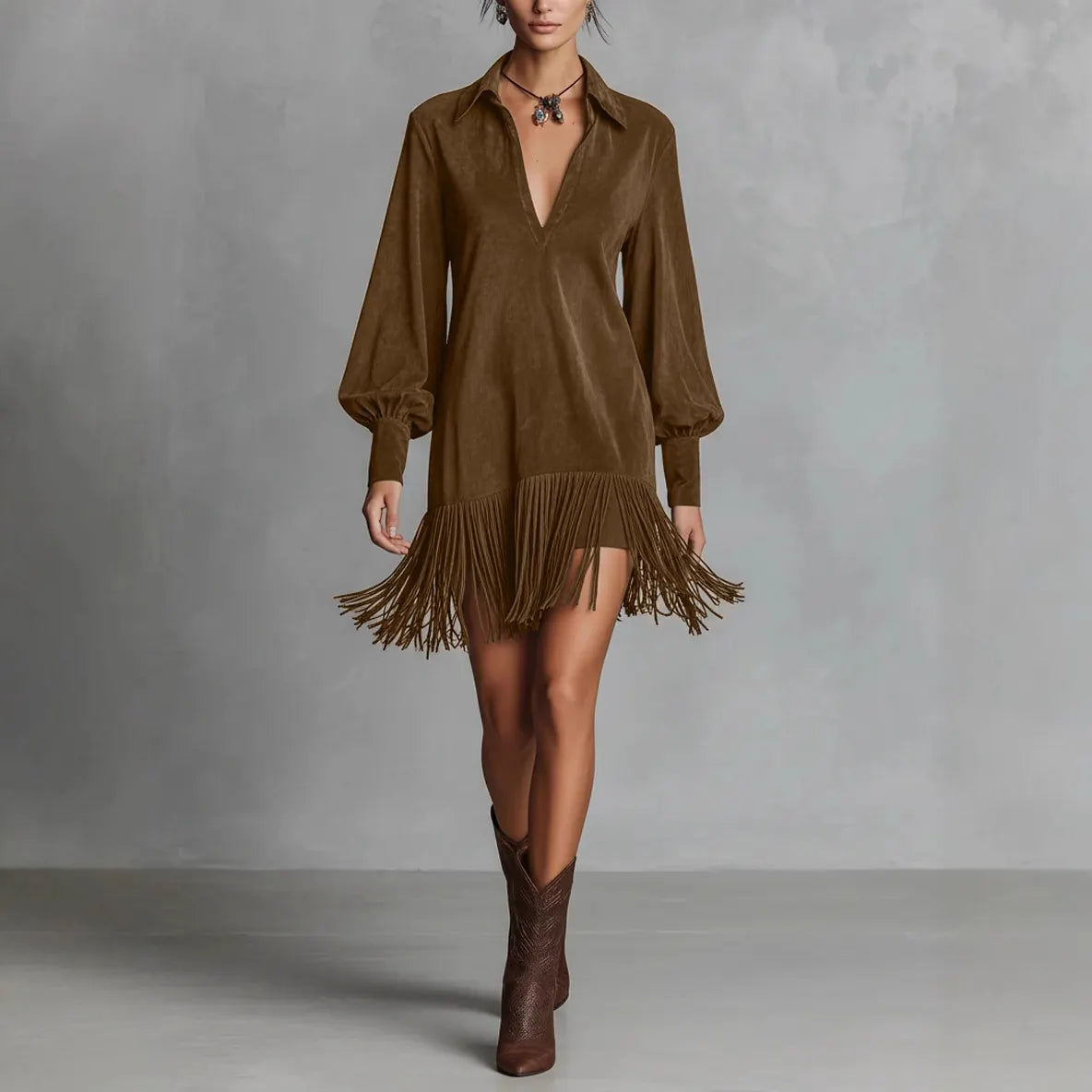 2026 New Arrival Women's Western-Style Faux Suede Fringe Hem Fitted Long-Sleeved V-Neck Dress