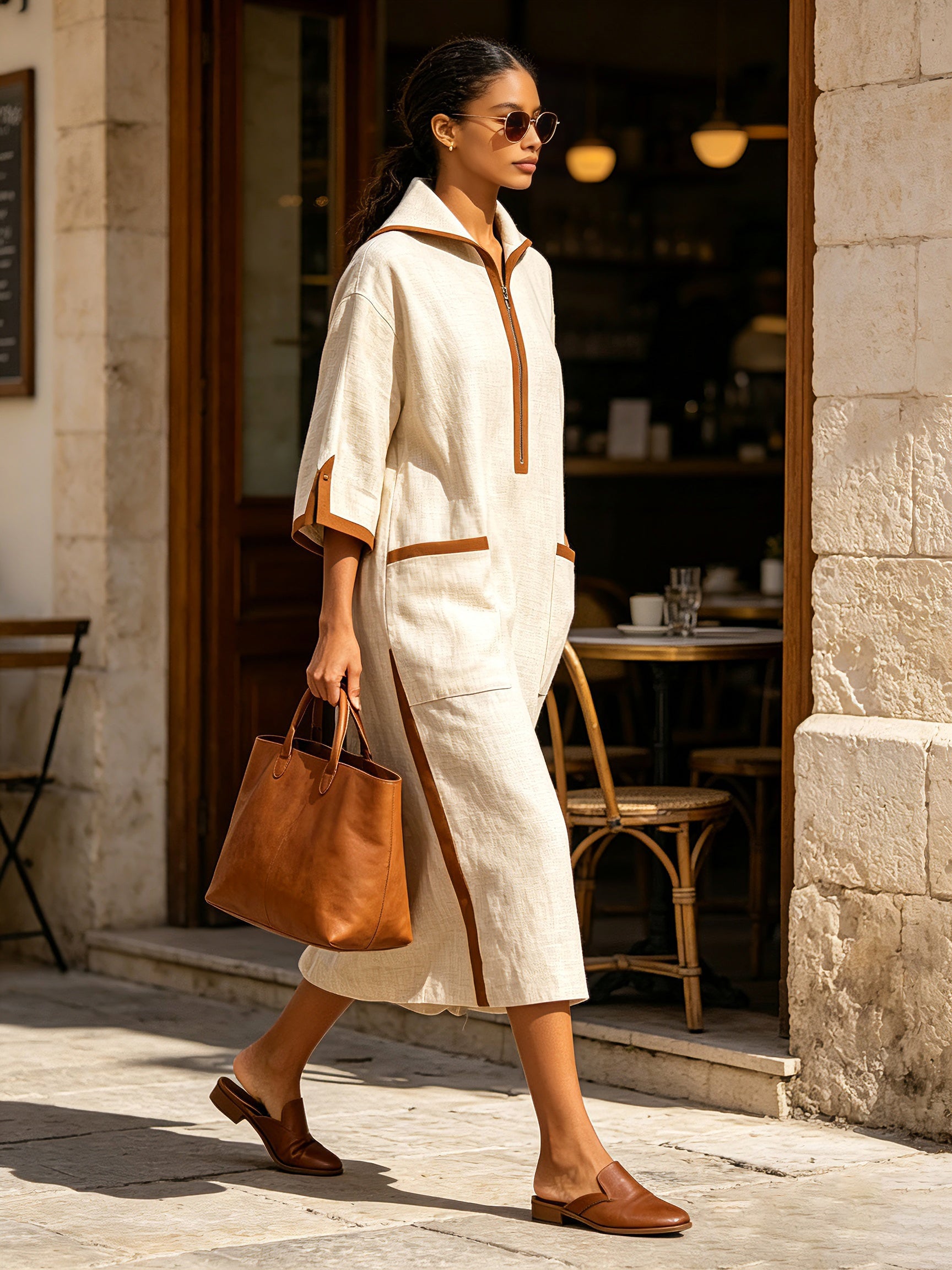 Women's Minimalist Half Zip Midi Dress – Oversized Linen Style Shirt Dress With Contrast Trim Pockets
