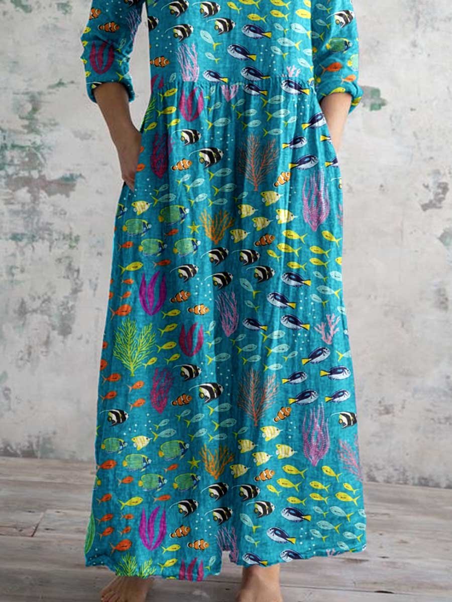 Damen V-Ausschnitt Unterwasserwelt-Muster Baumwoll-Leinen-Kleid mit Taschen