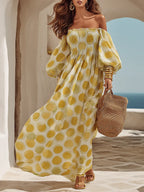 Resort-style Yellow Polka Dot Off-the-shoulder Chiffion Maxi Dress