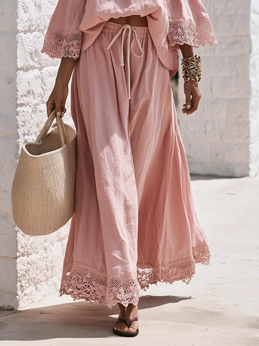 Bohemian Off-shoulder Lace-trimmed Three-quarter Sleeve Top And Skirt Cotton-linen Set