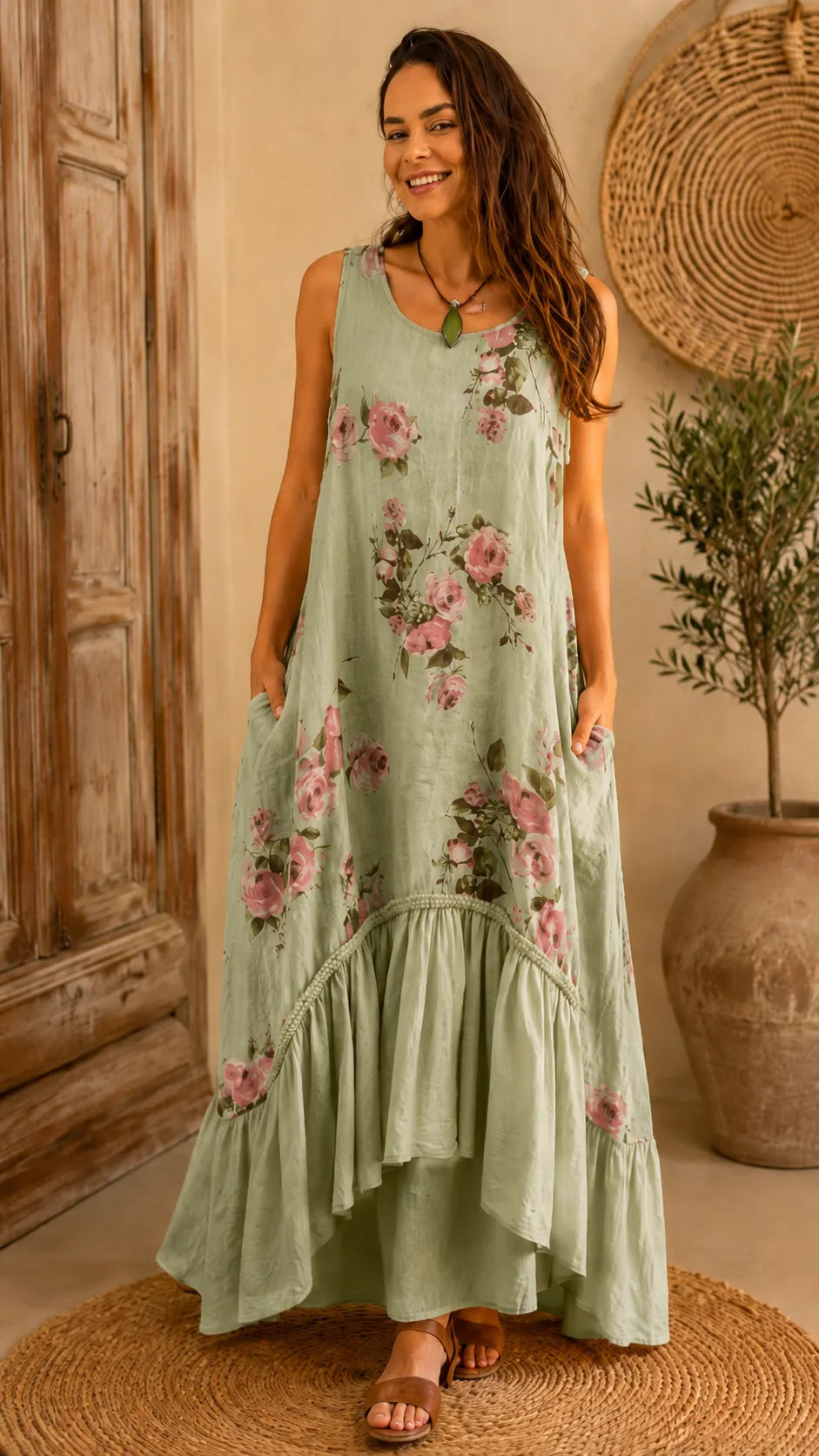 Boho Floral Print Sleeveless Maxi Dress - V-Neck High-Low Ruffle Hem Summer Dress