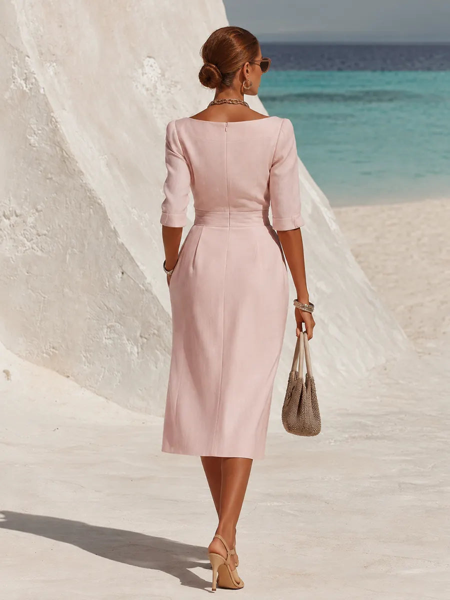Retro Elegant Boat Neck Three-quarter Sleeve Solid Color Cotton Linen Midi Dress