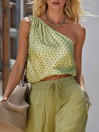 Bohemian Style Green Polka Dot Satin One-Shoulder Top & Wide-Leg Pants Set