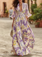 Elegant V-neck Flared Sleeves Floral Print Chiffon Maxi Dress