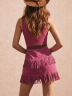 Date Night or Western Theme Party — Vintage Magenta Fringe V-Neck Skin-Friendly Faux Suede Bodycon Mini Dress