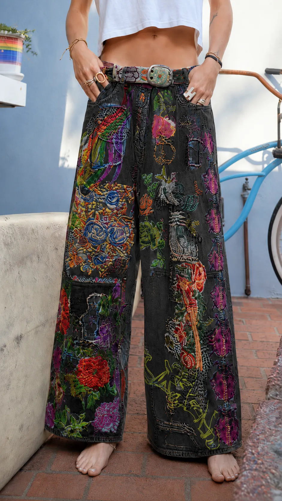 Bohemian Patchwork Floral Embroidered Wide Leg Jeans - Vintage Baggy Denim Pants