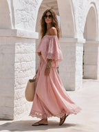 Bohemian Off-shoulder Lace-trimmed Three-quarter Sleeve Top And Skirt Cotton-linen Set